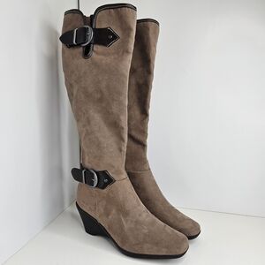 AEROSOLES Tall Boots Faux Suede Wedge Heels Buckles Taupe Brown Women's Size 6